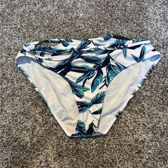 White swim bottoms with blue and green Leaf Print - Picture 2 of 5